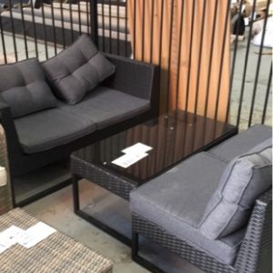 EX DISPLAY MAXIM 4 PIECE BLACK RATTAN LOUNGE 2 ARM CHAIRS COFFEE TABLE AND 2 SEATER COUCH RRP$899