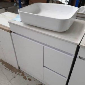 750MM WHITE GLOSS SINGLE BOWL VANITY WITH WHITE STONE TOP AND ABOVE COUNTER BOWL BN750