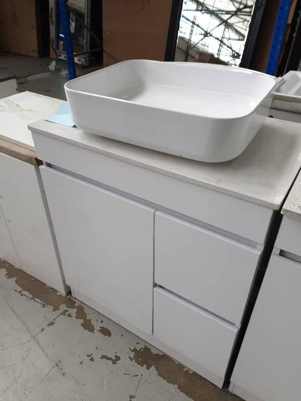 750MM WHITE GLOSS SINGLE BOWL VANITY WITH WHITE STONE TOP AND ABOVE COUNTER BOWL BN750
