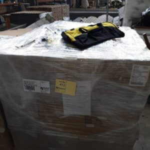 PALLET OF ASST'D NEW TOOLS INCL- SCREWDRIVERS POP RIVETERS SHARPENING STONES PLIERS SPANNERS SOCKET SETS ALLEN KEYS STUD FINDERS CRIMPING TOOLS TOOL BAGS HAMMERS LEVELS CLAMPS KNIFE SETS PUNCHES & WALLBOARD SAWS
