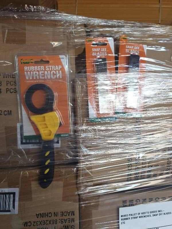MIXED PALLET OF ASST'D GOODS INCL- RUBBER STRAP WRENCHES SNAP OFF BLADES ETC