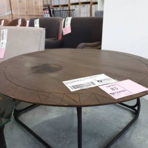 EX DISPLAY HOME FURNITURE - ROUND TIMBER COFFEE TABLE WITH METAL LEGS SOLD AS IS