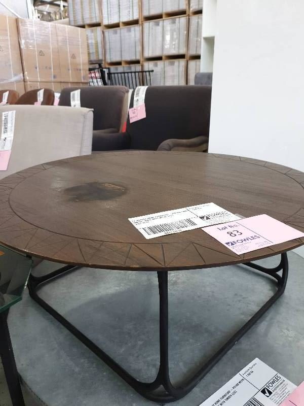 EX DISPLAY HOME FURNITURE - ROUND TIMBER COFFEE TABLE WITH METAL LEGS SOLD AS IS