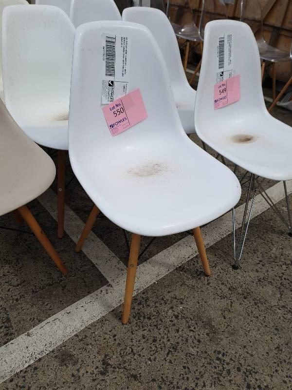 EX DISPLAY HOME FURNITURE - WHITE ACRYLIC DINING CHAIR WITH TIMBER LEGS SOLD AS IS