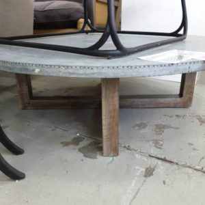 EX DISPLAY HOME FURNITURE - ROUND METAL COFFEE TABLE WITH TIMBER LEGS SOLD AS IS