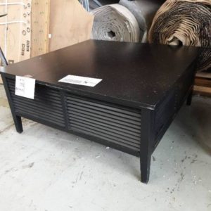 EX DISPLAY HOME FURNITURE - LARGE BLACK SQUARE TIMBER COFFEE TABLE WITH LOUVRED SIDES SOLD AS IS