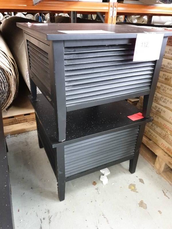 EX DISPLAY HOME FURNITURE - LARGE BLACK SQUARE TIMBER SIDE TABLE WITH LOUVRED SIDES SOLD AS IS