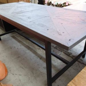EX DISPLAY HOME FURNITURE - GREY TIMBER DINING TABLE DISTRESSED WOOD WITH METAL LEGS SOLD AS IS