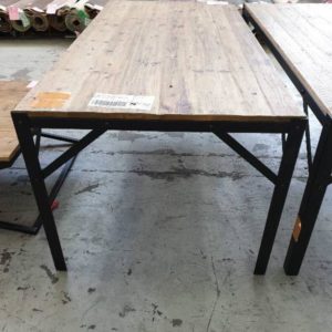 EX DISPLAY HOME FURNITURE - OAK DINING TABLE DISTRESSED TIMBER WITH METAL LEGS SOLD AS IS