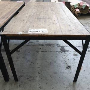 EX DISPLAY HOME FURNITURE - OAK DINING TABLE DISTRESSED TIMBER WITH METAL LEGS SOLD AS IS
