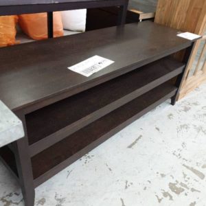 EX DISPLAY HOME FURNITURE - DARK TIMBER OPEN SHELF CONSOLE TABLE SOLD AS IS