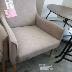 EX DISPLAY HOME FURNITURE - LIGHT GREY UPHOLSTERED ARM CHAIR SOLD AS IS