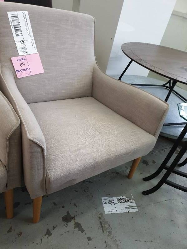 EX DISPLAY HOME FURNITURE - LIGHT GREY UPHOLSTERED ARM CHAIR SOLD AS IS