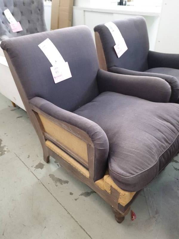EX DISPLAY HOME FURNITURE - OVERSIZE TIMBER AND GREY ARM CHAIR SOLD AS IS