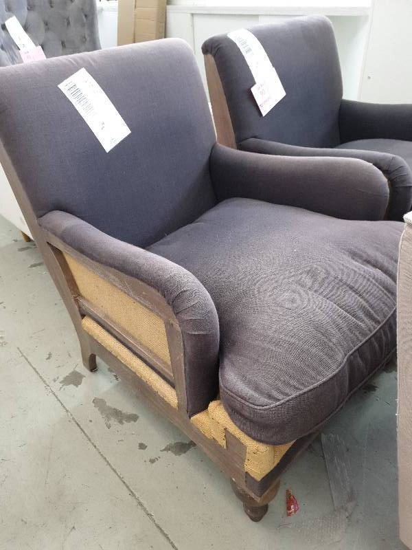 EX DISPLAY HOME FURNITURE - OVERSIZE TIMBER AND GREY ARM CHAIR SOLD AS IS
