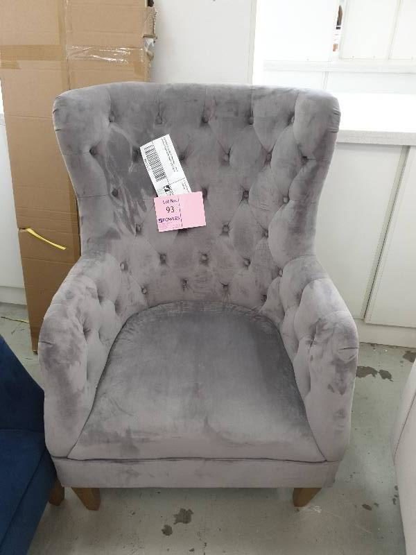 EX DISPLAY HOME FURNITURE - GREY UPHOLSTERED ARM CHAIR SOLD AS IS
