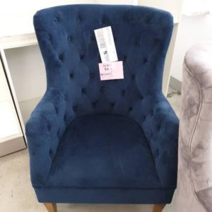 EX DISPLAY HOME FURNITURE - BLUE UPHOLSTERED ARM CHAIR SOLD AS IS