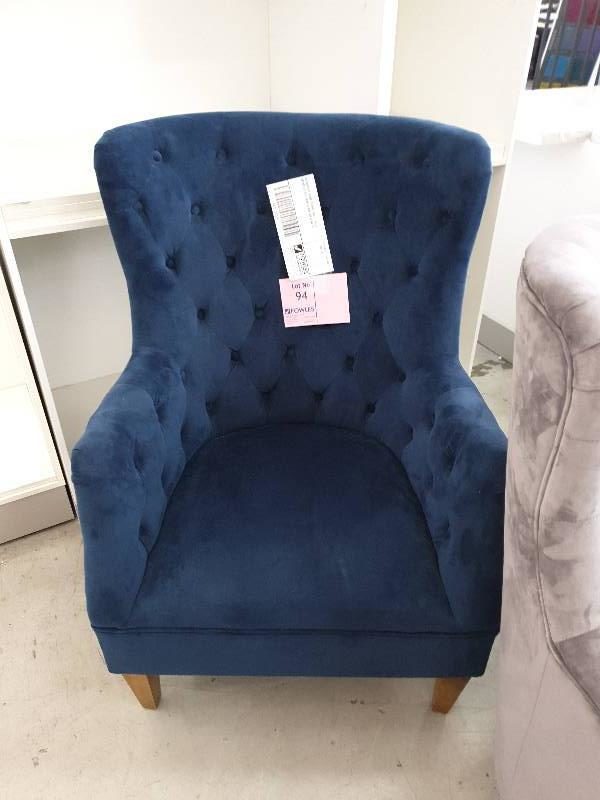 EX DISPLAY HOME FURNITURE - BLUE UPHOLSTERED ARM CHAIR SOLD AS IS