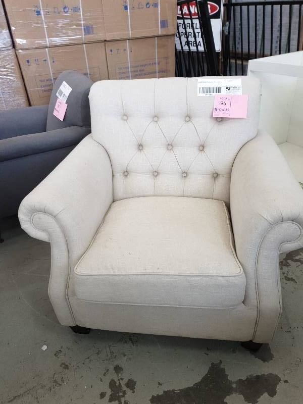 EX DISPLAY HOME FURNITURE - CREAM UPHOLSTERED ARM CHAIR SOLD AS IS