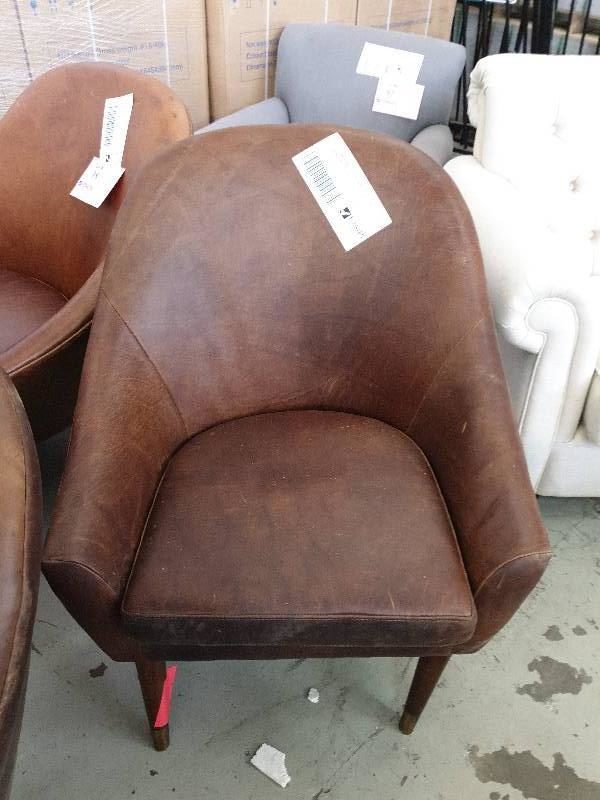 EX DISPLAY HOME FURNITURE - BROWN LEATHER ARM CHAIR SOLD AS IS