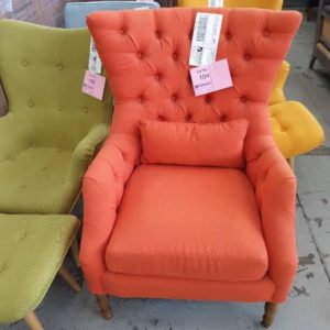 EX DISPLAY HOME FURNITURE - ORANGE WING BACK ARM CHAIR SOLD AS IS