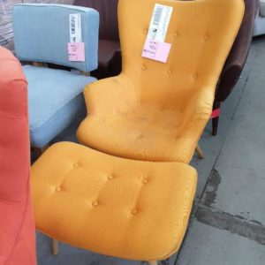 EX DISPLAY HOME FURNITURE - FEATHERSTONE STYLE ORANGE ARM CHAIR WITH FOOTSTOOL SOLD AS IS