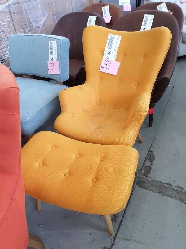 EX DISPLAY HOME FURNITURE - FEATHERSTONE STYLE ORANGE ARM CHAIR WITH FOOTSTOOL SOLD AS IS