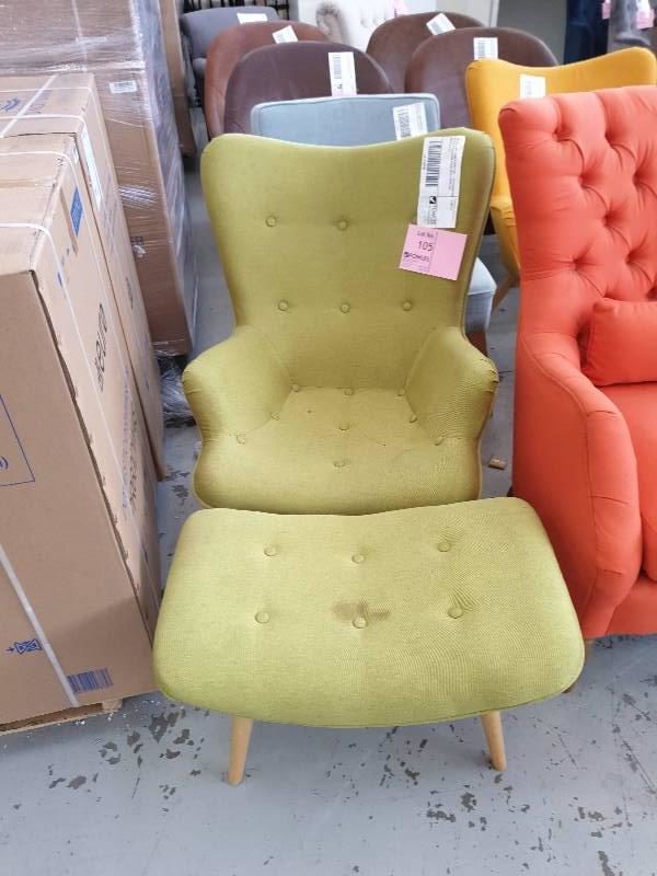 EX DISPLAY HOME FURNITURE - FEATHERSTONE STYLE GREEN ARM CHAIR WITH FOOTSTOOL SOLD AS IS