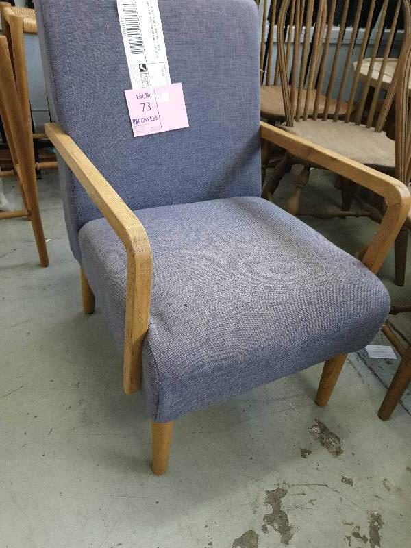 EX DISPLAY HOME FURNITURE - BLUE ARM CHAIR WITH TIMBER ARMS SOLD AS IS
