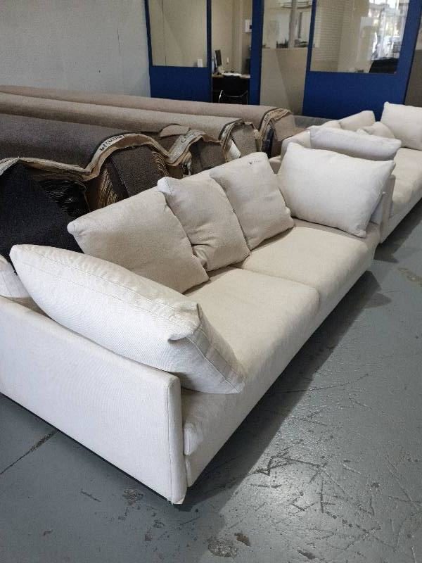 EX DISPLAY HOME FURNITURE - WHITE LINEN 2.5 SEATER COUCH SOLD AS IS MATERIAL HAS MARKS