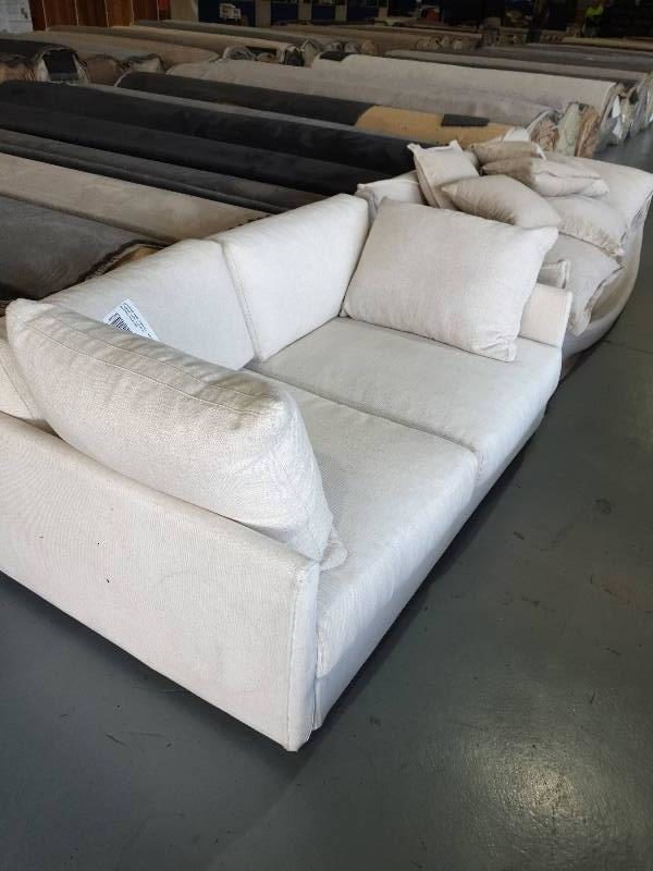 EX DISPLAY HOME FURNITURE - WHITE LINEN 2 SEATER COUCH SOLD AS IS MATERIAL HAS MARKS