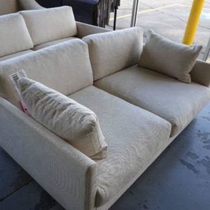 EX DISPLAY HOME FURNITURE - WHITE LINEN 2 SEATER COUCH SOLD AS IS MATERIAL HAS MARKS