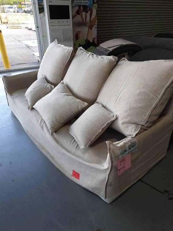 EX DISPLAY HOME FURNITURE - BEIGE LINEN MATERIAL 2.5 SEATER COVERED COUCH MATERIAL HAS MARKS SOLD AS IS