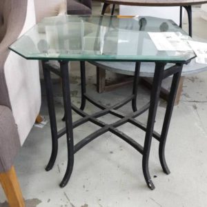 EX DISPLAY HOME FURNITURE - GLASS SIDE TABLE WITH METAL LEGS SOLD AS IS
