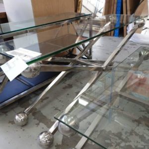 SECOND HAND FURNITURE - GLASS & CHROME HALL TABLE WITH CROSS LEGS SOLD AS IS