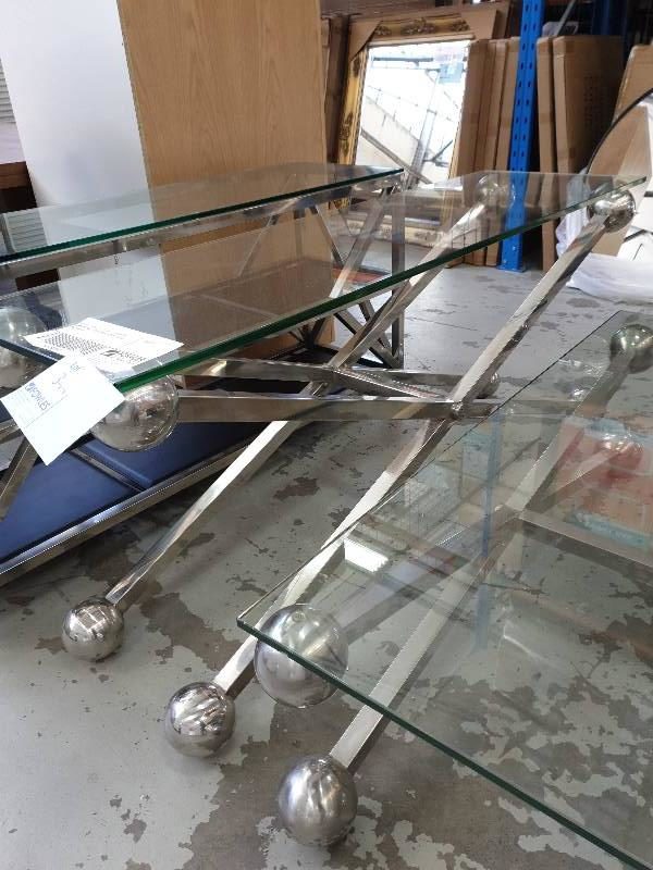 SECOND HAND FURNITURE - GLASS & CHROME HALL TABLE WITH CROSS LEGS SOLD AS IS