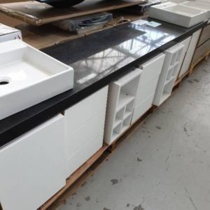 NEW DESIGNER 2550MM DOUBLE BOWL VANITY WITH BLACK STONE TOP VANITY BASE IS IN MODULES THAT YOU JOIN TOGETHER TO DESIGN YOUR OWN VANITY LAYOUT. INCLUDES 3 X DRAWER CABINETS 2 X 345MM DOOR CABINETS & 2 X PIGEON HOLES. RRP$3000