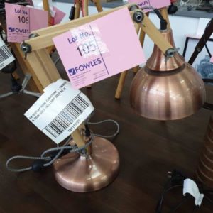 EX DISPLAY HOME FURNITURE - TIMBER & ROSE GOLD TALL LAMP SOLD AS IS