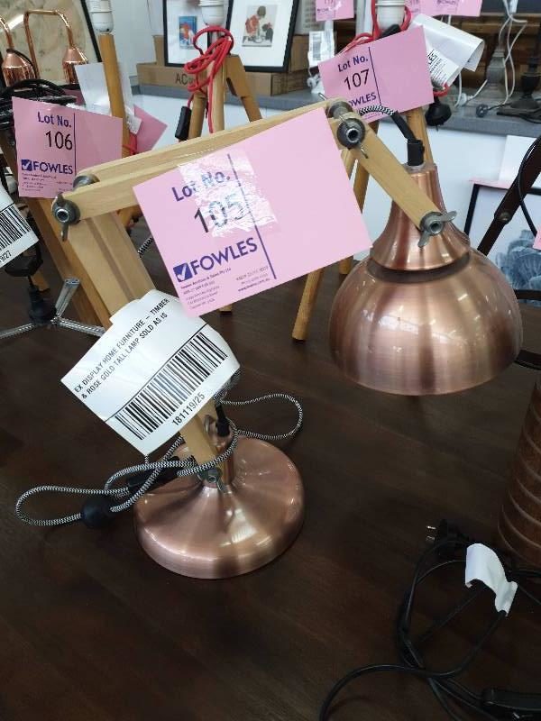 EX DISPLAY HOME FURNITURE - TIMBER & ROSE GOLD TALL LAMP SOLD AS IS
