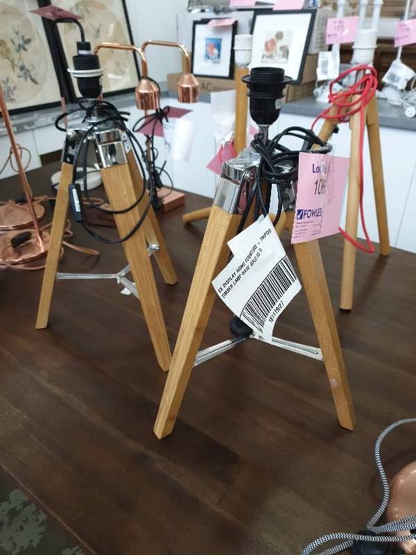 EX DISPLAY HOME FURNITURE - TRIPOD TIMBER LAMP BASE SOLD AS IS
