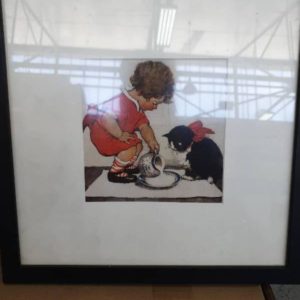 EX DISPLAY HOME FURNITURE - SMALL PRINT WITH CHILD & CAT BLACK FRAME SOLD AS IS