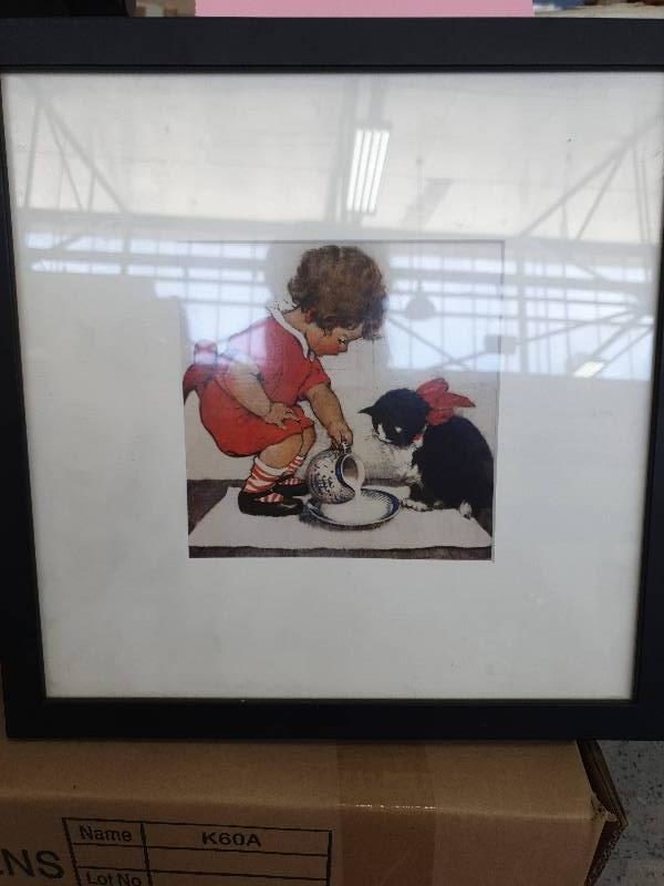 EX DISPLAY HOME FURNITURE - SMALL PRINT WITH CHILD & CAT BLACK FRAME SOLD AS IS