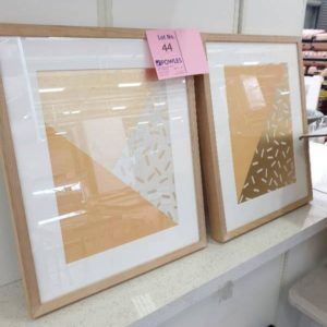 EX DISPLAY HOME FURNITURE - PAIR OF GOLD GEOMETRIC PRINTS OAK FRAME SOLD AS IS