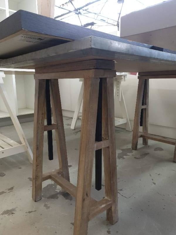 EX DISPLAY HOME FURNITURE - METAL TABLE WITH OAK LEGS SOLD AS IS