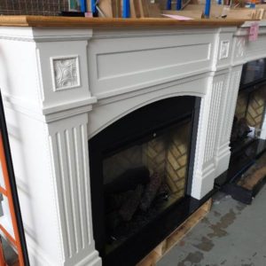 EX DISPLAY WINDELSHAM 2KW REVILLUSION ELECTRIC FIREPLACE WITH MANTEL WHITE WITH NATURAL OAK VENEER MANTEL WITH LED FLAME WITH LOG EFFECT RRP$2799 WITH 12 MONTH WARRANTY