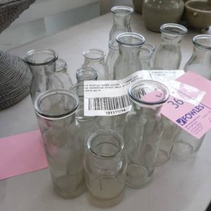 EX DISPLAY HOME DECOR - LARGE LOT OF ASSORTED GLASS MILK STYLE BOTTLES SOLD AS IS