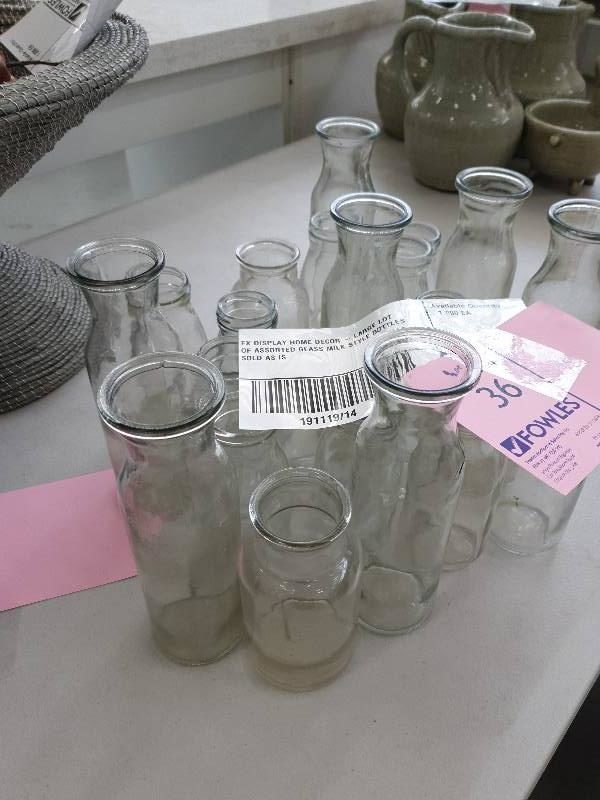 EX DISPLAY HOME DECOR - LARGE LOT OF ASSORTED GLASS MILK STYLE BOTTLES SOLD AS IS