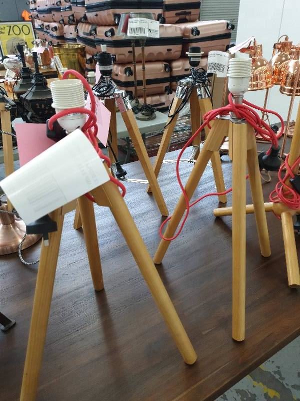 EX DISPLAY HOME DECOR - TRIPOD TIMBER LAMP BASE SOLD AS IS
