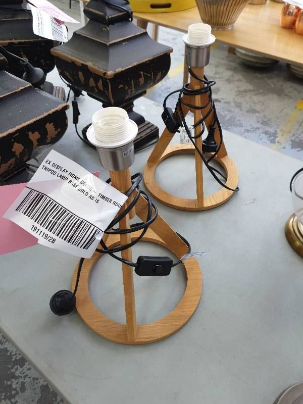 EX DISPLAY HOME DECOR - TIMBER ROUND TRIPOD LAMP BASE SOLD AS IS