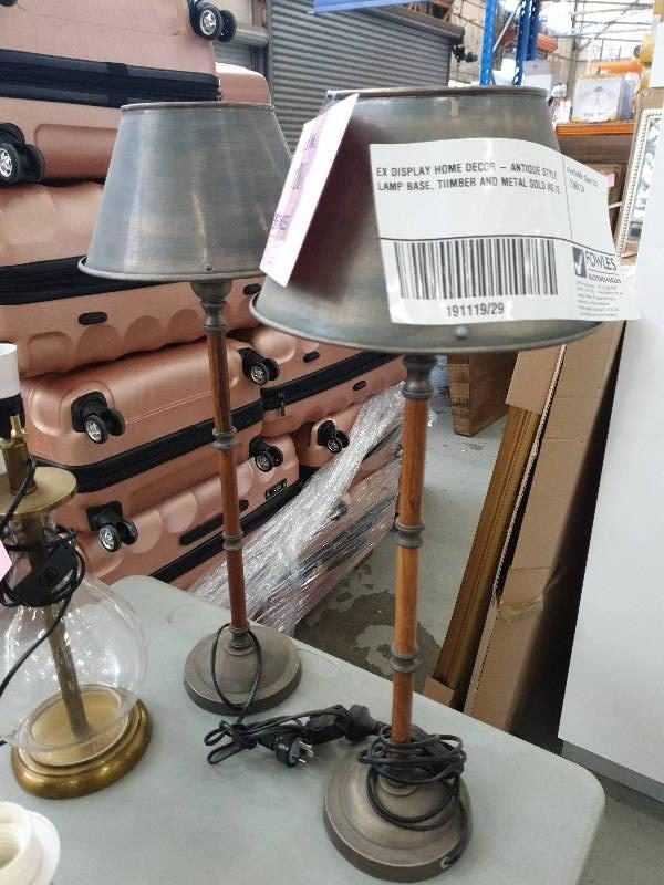 EX DISPLAY HOME DECOR - ANTIQUE STYLE LAMP BASE TIIMBER AND METAL SOLD AS IS